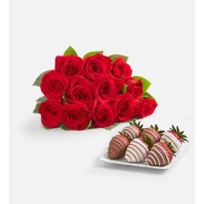 Rosas Rojas y Fresas con Glaseado (Ramo de 12 Rosas Rojas y 6 unidades de Fresas Gourmet con Glaseado)