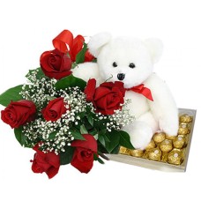 Rosas rojas con 24 piezas Ferrero Rocher chocolate y oso