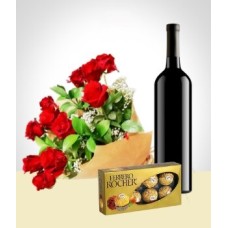 Elegance Combo: Ramo de 12 Rosas + Chocolates + Vino