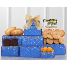 Torre de regalos de brownies, pasteles y dulces