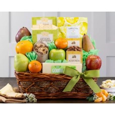 Cesta de regalo de lujo con frutas y productos favoritos