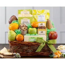 Cesta de regalo de lujo con frutas y productos favoritos