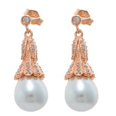 Pendientes colgantes de perlas y circonitas cúbicas en plata de ley vermeil ~ Oro rosa