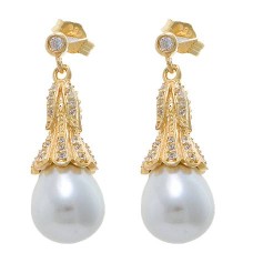 Pendientes colgantes de perlas y circonitas cúbicas en plata de ley vermeil ~ Oro amarillo