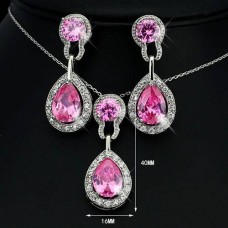 Conjunto de collar y pendientes de circonitas cúbicas en tono plateado de alta calidad ~ Rosa