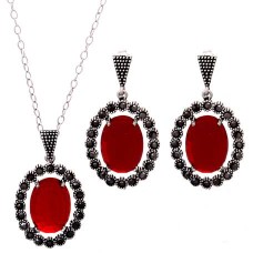 AMETHYST CZ Stone and Marcasite Pendientes colgante conjunto