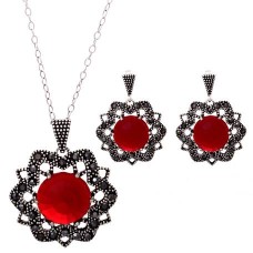 AMETHYST CZ Stone and Marcasite Pendientes colgante conjunto de flores
