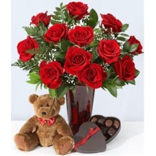 12 Rosas Rojas, oso de peluche y chocolates