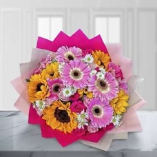 Assorted Flower Bouquet (8 Gerberas + 6 Sunflowers + 10 Daisies + 12 Roses)
