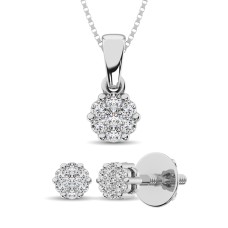 Conjunto de joyas de plata de ley con diamantes de 1/4 quilates en forma de flor.