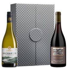 Dúo de vino tinto y blanco con caja de regalo plateada