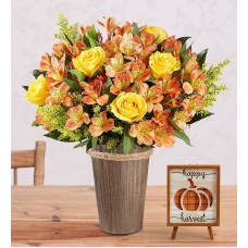 Ramo de rosas de otoño y lirios peruanos (con jarrón de estilo boscoso y decoración de pared con motivos otoñales)
