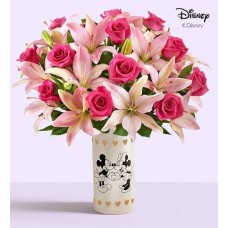 Jarrón de Disney Mickey Mouse y Minnie Mouse enamorados con rosa rosa y lirio (Jarrón de Disney Mickey Mouse y Minnie Mouse enamorados)