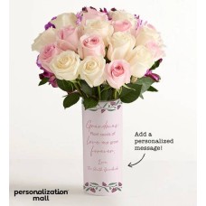 Ramo "El amor de la abuela crece para siempre" con jarrón personalizado (con una docena de rosas surtidas)
