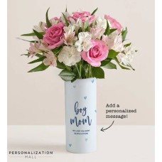 Ramo de flores para mamá de niño con jarrón personalizado (con una docena de rosas surtidas)