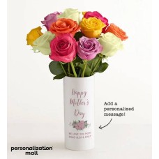 Ramo de flores para el Día de la Madre con jarrón personalizado (con una docena de rosas surtidas)