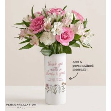 Gracias por ayudarnos a florecer. Ramo con jarrón personalizado (con una docena de rosas surtidas).