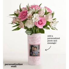 Ramo de recuerdos del Día de la Madre con jarrón personalizado para foto (con una docena de rosas surtidas)