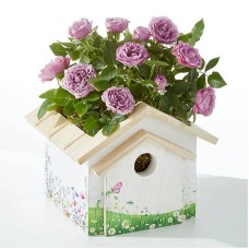 Mini rosa lavanda en casa de pájaros decorativa