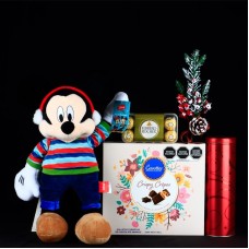 Mickey Mouse con orejeras, galletas y chocolates