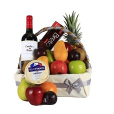 Cesta de regalo de vino y frutas