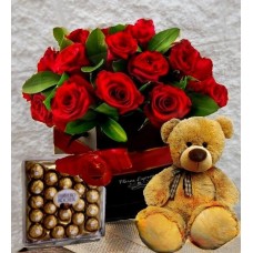 COMBO BOX 12 ROSAS, PELUCHE Y FERRERO GRANDE!!