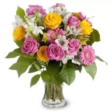 6 Rosas amarillas y 6 Rosas, Gerberas rosas, Lirios blancos