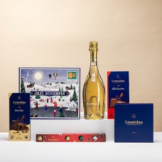 Regalo festivo con vino espumoso sin alcohol, bombones Leonidas y galletas Jules Destrooper.