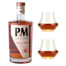 Whisky P&amp;M Single Malt Signature de Córcega 42% y sus 2 copas