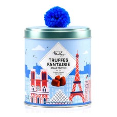 Fancy truffles with crispy crape chips in a tin with a Paris blue pompon (250g tin)