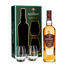 Estuche de regalo de whisky single malt Glen Grant de 12 años y 43% de alcohol + 2 vasos.