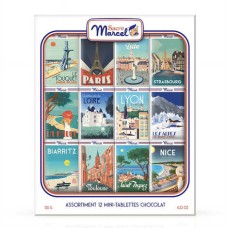 Caja con mapa de Francia que contiene 12 mini barras de chocolate.