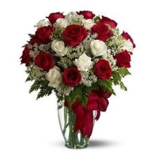 Dos docenas de rosas rojas y blancas en un florero de vidrio