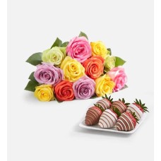 Rosas surtidas y fresas confitadas (12 rosas surtidas solamente y 6 fresas confitadas gourmet)
