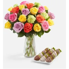 Rosas surtidas y fresas confitadas (12 rosas surtidas solamente y 6 fresas confitadas gourmet)