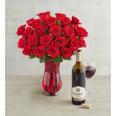 Flores y Vino - Rosas Rojas y Vino (Dos docenas de rosas rojas y mezcla de vino tinto Ross Lane)