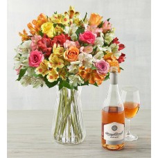Flores y Vino - Surtido de rosas, lirios y vino (surtido de rosas y lirios peruanos con rosa)