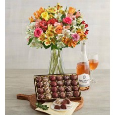Rosas y lirios peruanos surtidos, trufas de chocolate y vino (Rosas y lirios peruanos surtidos, trufas de chocolate y rosa)