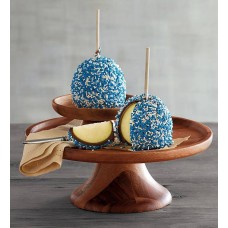 Manzanas acarameladas bañadas en chocolate belga - Decoración azul