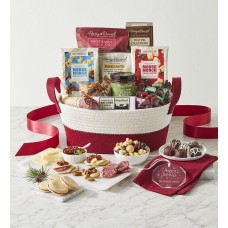 Cesta de regalo con los mejores snacks de la temporada y adorno octogonal personalizado.