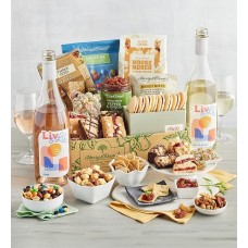 Caja de regalo de lujo de Harry & David con dulces y salados y vino.