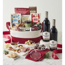 Cesta de regalo con los mejores snacks de la temporada, adorno personalizado y vino (2 botellas).