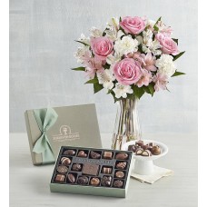 Colección de chocolates de primavera de Scharffen Berger con ramo de flores exquisitas