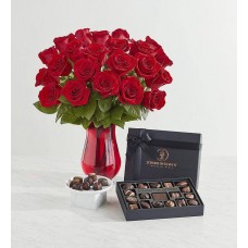 Colección de chocolateros Scharffen Berger con dos docenas de rosas rojas