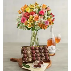 Rosas y lirios peruanos surtidos, trufas de chocolate y vino (Rosas y lirios peruanos surtidos, trufas de chocolate y rosa)
