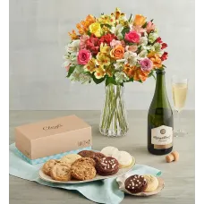 Rosas y lirios peruanos surtidos, galletas Cheryl's y vino (Rosas y lirios peruanos surtidos, galletas Cheryl's y rosa)