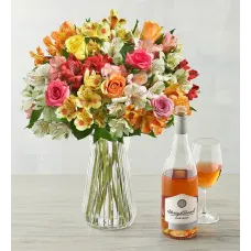 Flores y Vino - Surtido de rosas, lirios y vino (surtido de rosas y lirios peruanos con rosa)