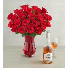 Flores y Vino - Rosas Rojas y Vino (Dos docenas de rosas rojas y mezcla de vino tinto Ross Lane)