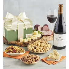 Caja de regalo para amantes de los snacks con vino.