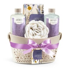 Cesta de regalo con set de spa para baño y cuerpo con fragancia de lavanda